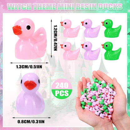 240 Pcs Witch Theme Mini Resin Ducks Miniature Green and Pink Tiny Small Duck Figurines Bulk for Birthday Party Favor Gift DIY Craft Dollhouse Garden Decor