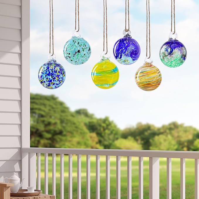 VCUTEKA Hanging Garden Gazing Ball, Hand-Blown Glass Witch Ball for Outdoor Garden Décor, 6pcs 3" Colorful Swirl