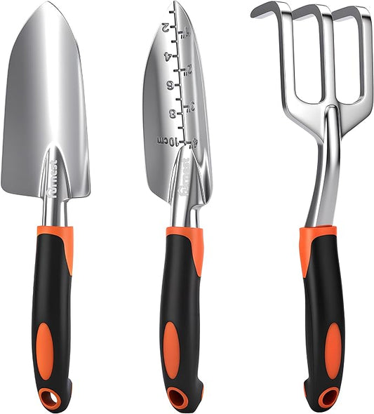 Garden Tool Set, 3 Pack Aluminum Heavy Gardening Kit Including Hand Shovel, Transplant Shovel and Hand Rake for Planting, Digging, Weeding