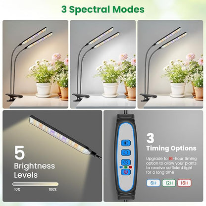 Grow Lights for Indoor Plants, 2 Head 114 LED Full Spectrum Clip on Plant Lights for Indoor Growing with 6/12/16H Timer, 5 Dimming, 3 Light Mode, Black Gooseneck Grow Lamp