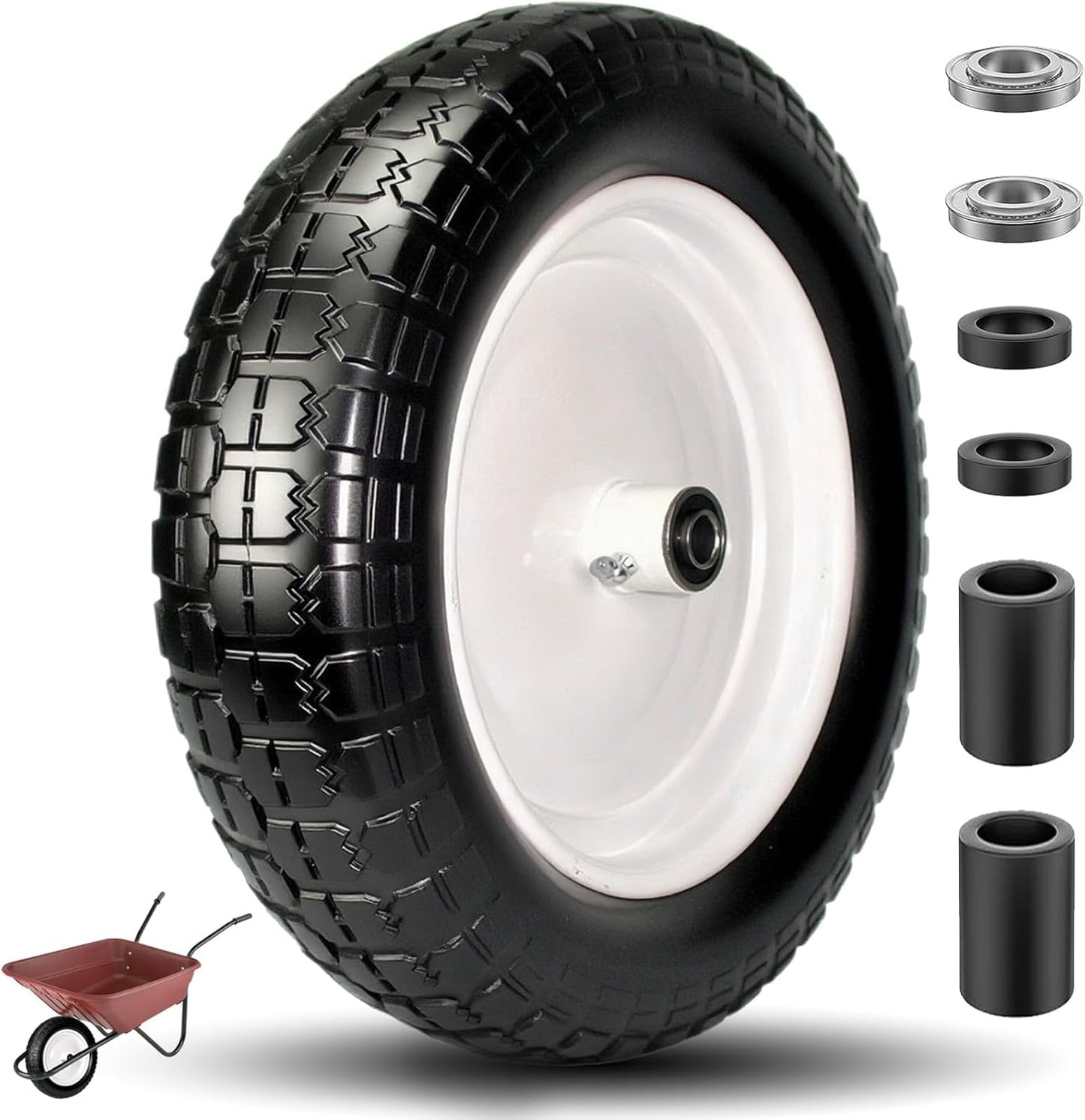 4.80/4.00-8 Solid Tire, 14.5" Flat Free Tire and Wheel, 5/8" Bore Bearing with 3/4" Extra Bearings, 3" -7" Centered Hub - Universal for 4.80-8 4.00-8 4.00-6 3.50/3.00-8 Wheels