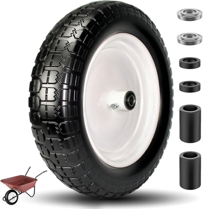 4.80/4.00-8 Solid Tire, 14.5" Flat Free Tire and Wheel, 5/8" Bore Bearing with 3/4" Extra Bearings, 3" -7" Centered Hub - Universal for 4.80-8 4.00-8 4.00-6 3.50/3.00-8 Wheels
