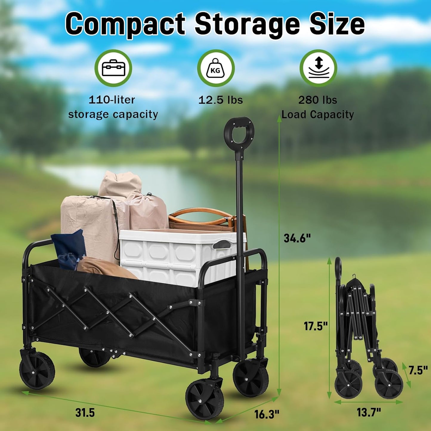 Catart Collapsible Folding Utility Wagon, 110L Large Capacity Portable Cart with Wheels, Lightweight Foldable Wagon for Camping, Gardening, Sports, Grocery Shopping, and Everyday Outdoor Use, Black