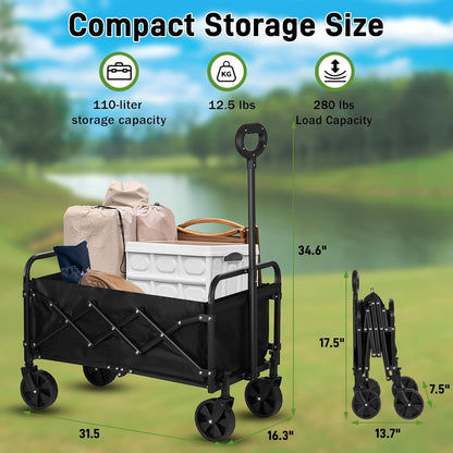 Catart Collapsible Folding Utility Wagon, 110L Large Capacity Portable Cart with Wheels, Lightweight Foldable Wagon for Camping, Gardening, Sports, Grocery Shopping, and Everyday Outdoor Use, Black