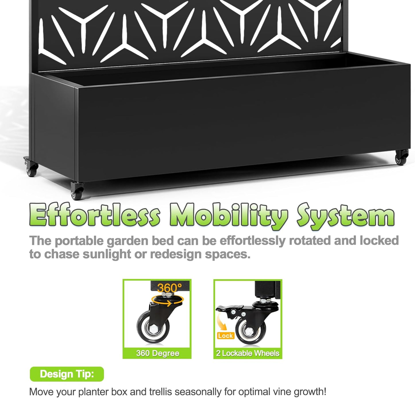 15.7"×70.9"×47.2" Metal Raised Garden Bed with Trellis and Wheels - Tall Trellis Planter Box for Climbing Plants, Vegetables & Vines - Outdoor Privacy Planters for Patio (Black-Star)