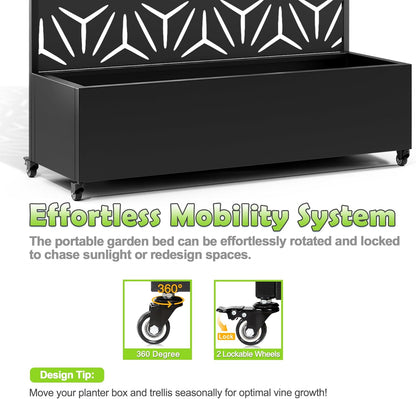 15.7"×70.9"×47.2" Metal Raised Garden Bed with Trellis and Wheels - Tall Trellis Planter Box for Climbing Plants, Vegetables & Vines - Outdoor Privacy Planters for Patio (Black-Star)