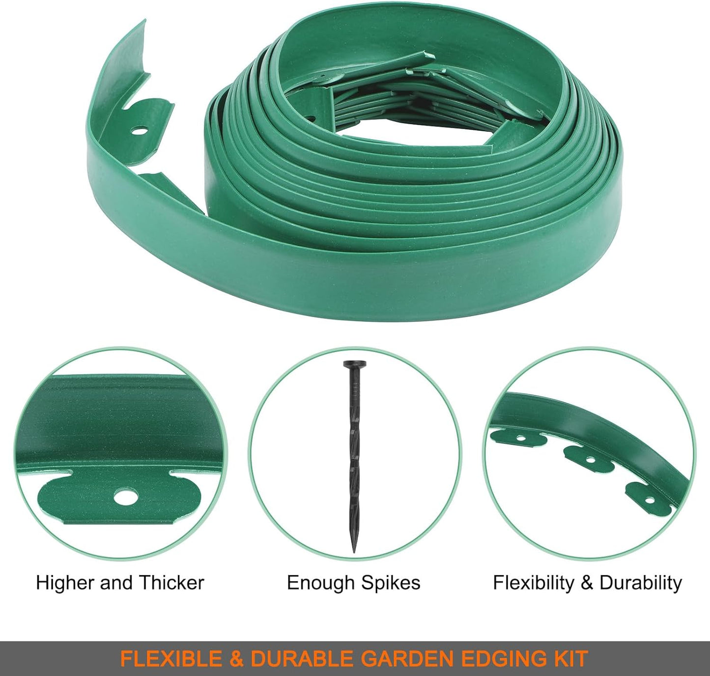 Garden Edging - 20 Feet Plastic Landscaping Edging Border with 18 PCS Spikes Apply to Flower Beds/Grass Lawn/Yard (20FT x 1.57IN, Green)