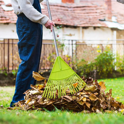 Colwelt Plastic Leaf Rake with 56'' Lightweight Stainless Steel Handle, 22Tines Plastic Head & Garden Gloves for Collecting Loose Debris