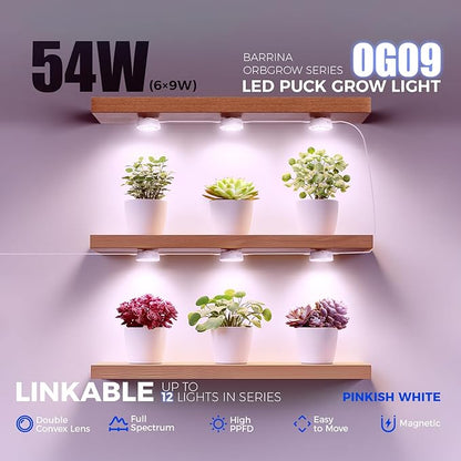 Barrina Orbgrow OG09 Puck LED Grow Light, Pinkish White 54W(6 x 9W, 810 Watt Equiv), Plant Lights for Indoor Plants Full Spectrum, Magnetic & Linkable, Small Grow lamp for Plant Shelf, 6 Packs