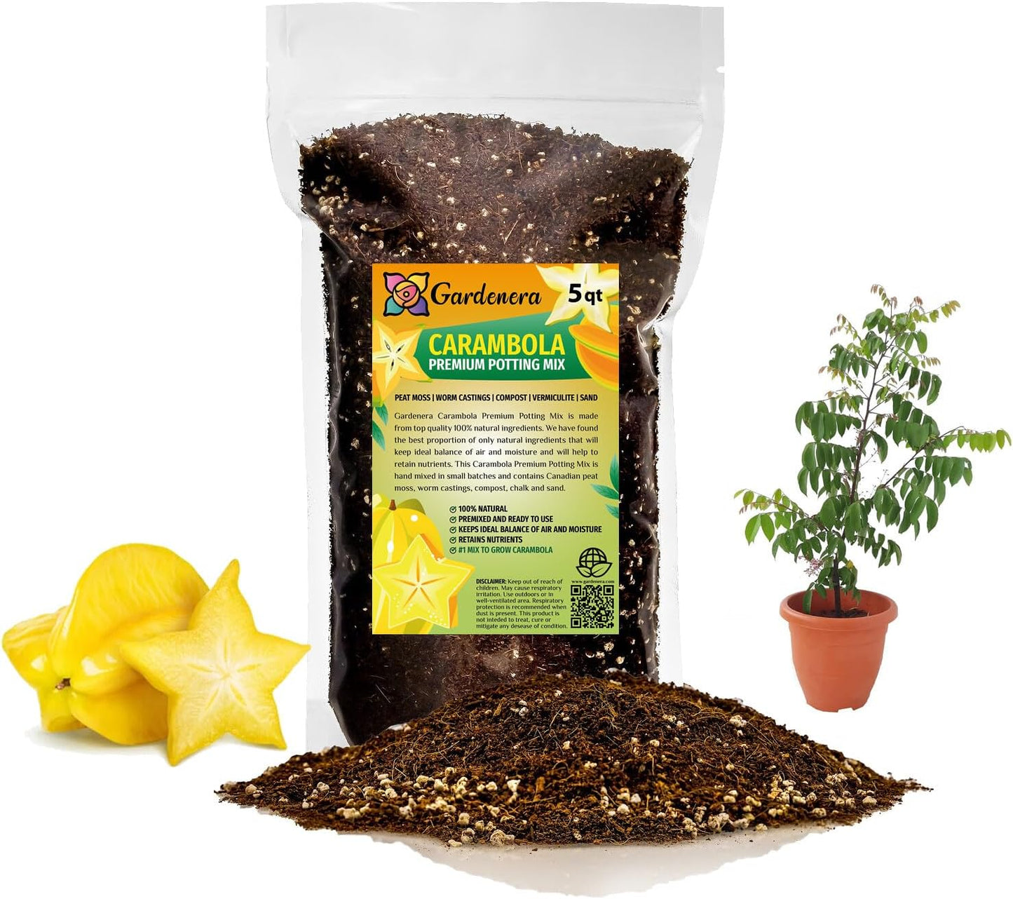 GARDENERA Premium Carambola Potting Soil Mix - Perfect Balance of Nutrients, Drainage, and Aeration for Thriving Starfruit Trees - 5 Quart