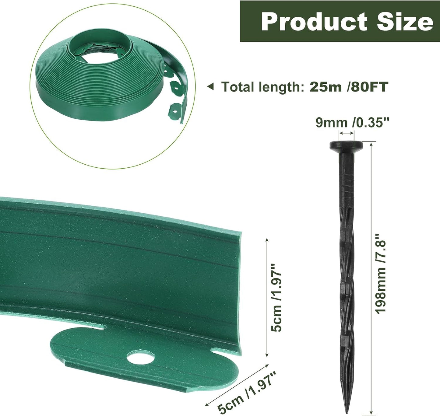 uxcell Landscape Edging, 1Pcs 80FT x 2" - No Dig Garden Edging Kit with 75 Stakes, Landscape Edging Border for Garden Lawn Flower Bed Yard Grass (Green)