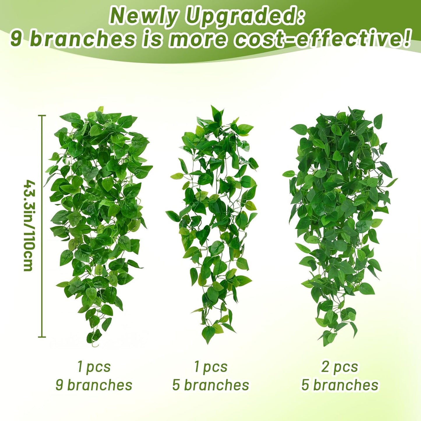 BLEUM CADE 1Pcs Fake Hanging Plants, 9 Branch Artificial Hanging Plant, Lush Faux Pothos Vines for Home Room Wall Shelf Porch Outdoor Indoor Decor (No Baskets)