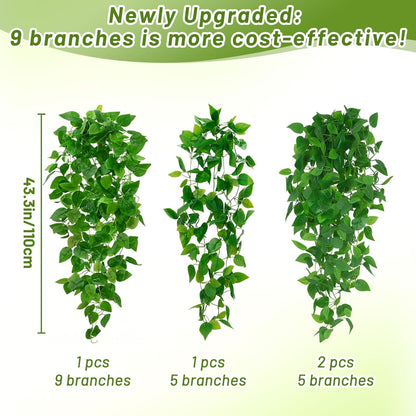 BLEUM CADE 2Pcs Fake Hanging Plants, 9 Branch Artificial Hanging Plant, Lush Faux Pothos Vines for Home Room Wall Shelf Porch Outdoor Indoor Decor (No Baskets)