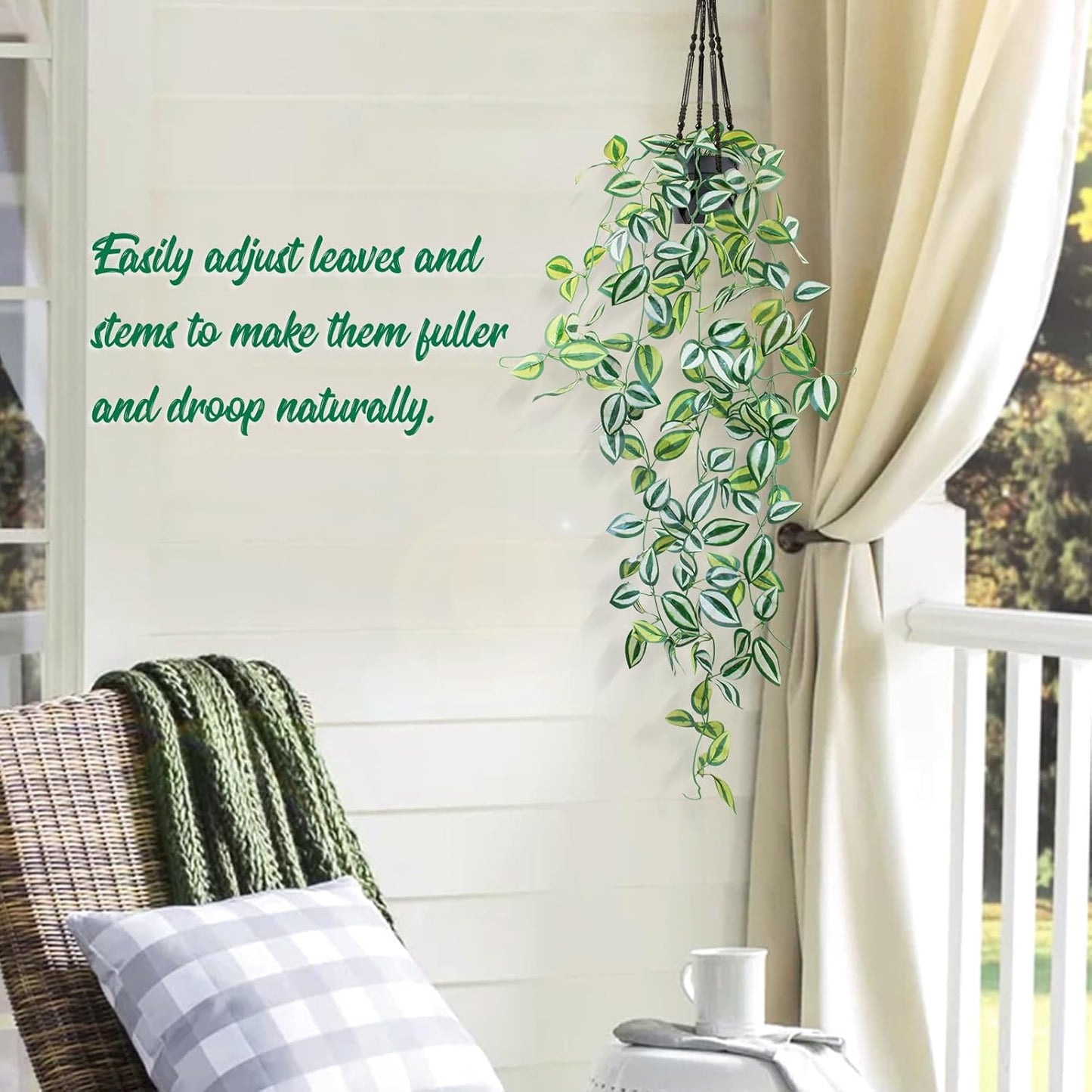 LOYWREE 3 Pack Fake Hanging Plants - Small Potted Plants with Green Eyebrow-Leaf Trailing Vines, Indoor Outdoor Aesthetic Decor for Office, Living Room Shelf & Home Accent (Black Pot)
