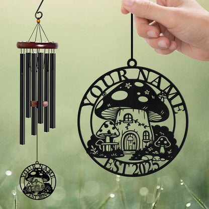Personalized Customize Name Fantasy Mushroom Wonderland Wind Chime, Metal Iron 37 Inch Outdoor Memorial Gift for Garden Yard Patio Home Decor, Black (Style E)