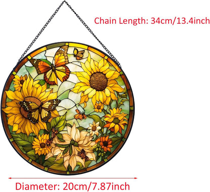 Sunflower Hanging Stained Glass for Windows,20cm/7.87inch Hand-Painted Sun Catcher Garden Hangings Christmas Mother's Day, Valentine's Day Ornaments Festival Gift