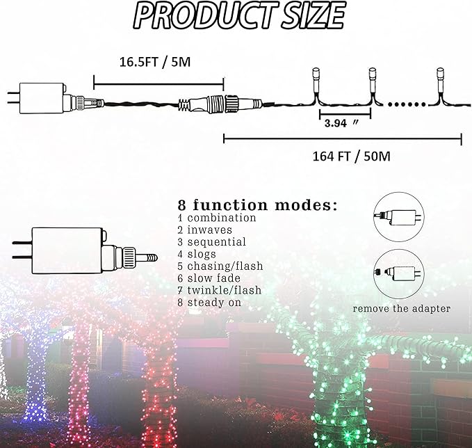 FUNPENY 164FT 500 LED Hanukkah String Lights, 8 Modes Waterproof Plug in Indoor Outdoor Green Wire Light for Jewish Judaism Passover Rosh Christmas Party Decor, Blue & White