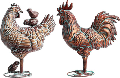 Metal Garden Chicken Sculpture Decor Antique Copper Rooster and Hen with Chicks Outdoor Statues Yard Art