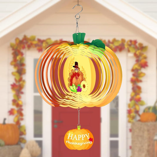 Thanksgiving Wind Spinners Fall Harvest Turkey Pumpkin Wind Spinner 3D Stainless Steel Hanging Wind Sculptures for Indoor Outdoor Yard Garden Decorations - 11.8 Inch