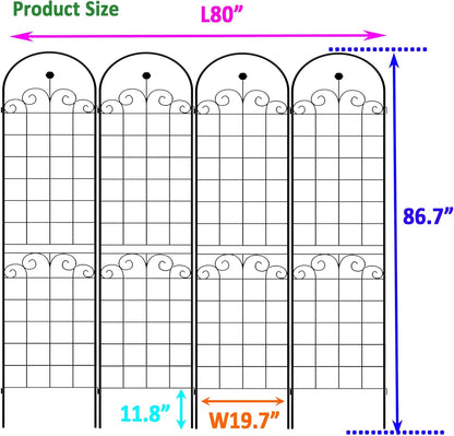 4 Pack Metal Garden Trellis 86.7" H Garden Fence Rustproof Trellis for Climbing Plants Support Roses Flower Outdoor Lawn, Black Galvanized Tube