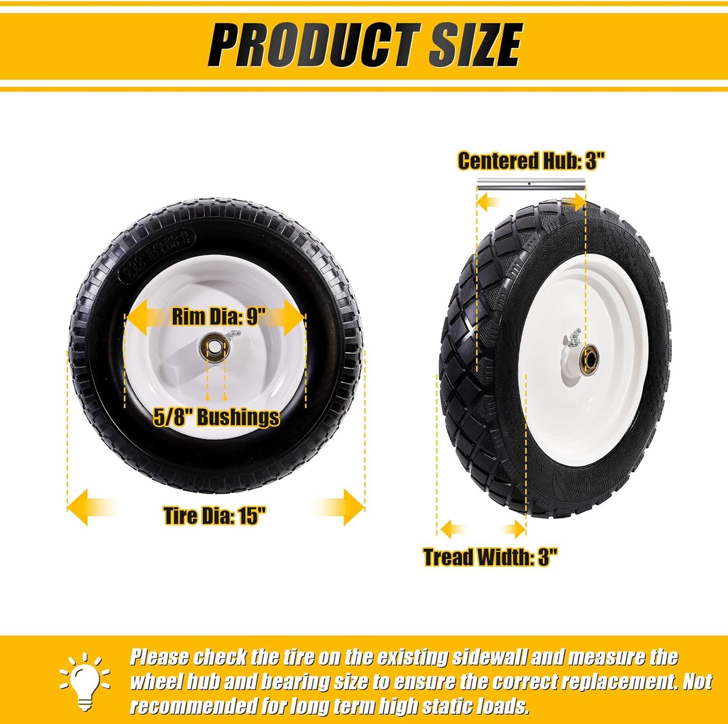 MZREXN 4.80/4.00-8" Flat Free Tire and Wheel, 15" Solid Wheelbarrow Tires, 3.00-4.00/4.80-8" with 5/8" & 3/4" Bearings, 3" Centered Hub for Hand Truck Garden Trailers Utility Cart Yard Wagon White