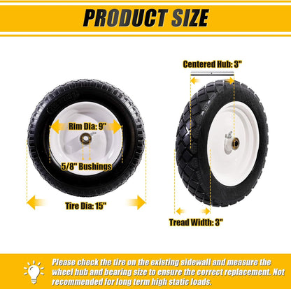 MZREXN 4.80/4.00-8" Flat Free Tire and Wheel, 15" Solid Wheelbarrow Tires, 3.00-4.00/4.80-8" with 5/8" & 3/4" Bearings, 3" Centered Hub for Hand Truck Garden Trailers Utility Cart Yard Wagon White