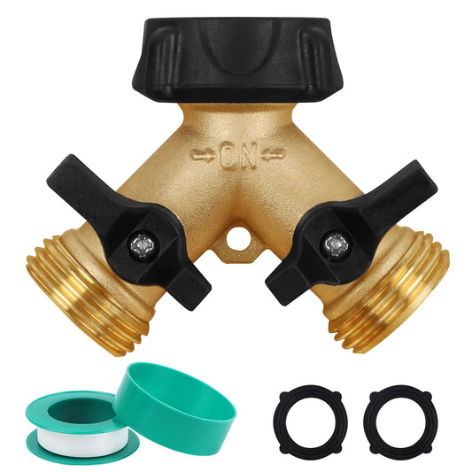 Biswing Garden Hose Splitter 2 Way, Heavy Duty Brass Connector Tap Splitter, Y Splitter 2 Valves