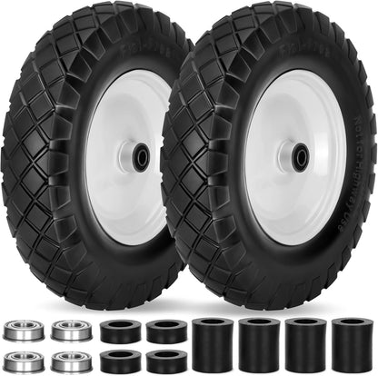 Upgraded 16" Flat Free Wheelbarrow Wheels and Tires, 4.80/4.00-8 Solid Wheelbarrow Tires with 5/8"&3/4" Bearings,14"-16" Universal Fit Wheelbarrow Wheels for Wheelbarrows/Garden Trailer