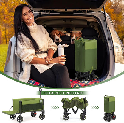TIMBER RIDGE 49" Extra Long Collapsible Folding Wagon with Tailgate and Brakes, 300lbs Heavy Duty Wagon Carts Foldable, 250L Capacity Portable Cart for Dogs, Garden, Outdoor Camping Sports, Green