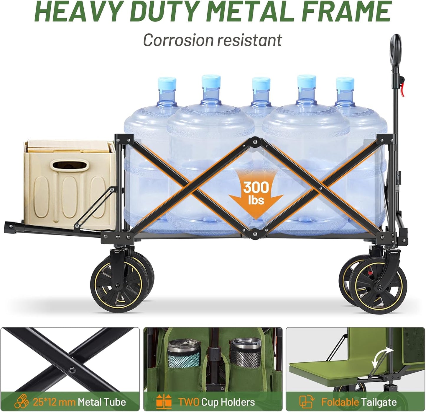 Timber Ridge 49" Extra Long Collapsible Folding Wagon with Tailgate and Brakes, 300lbs Heavy Duty Foldable Wagon with Adjustable Handle, 250L Capacity Portable Cart for Outdoor Camping Sports, Green