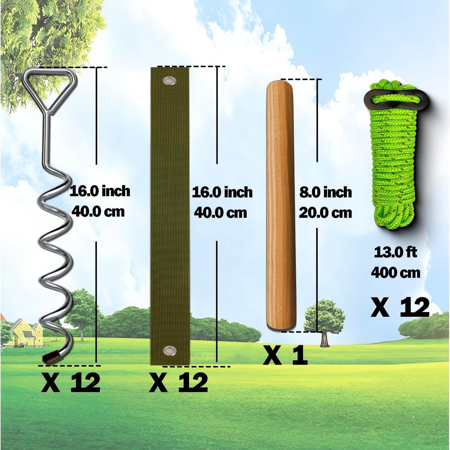 37pcs 12sets Heavy Duty Tree Stakes and Supports for Young Trees 16" Straightening Kit Metal Spiral Chrome Plated Brace Tree Ties Anti-Collision Reflective Rope