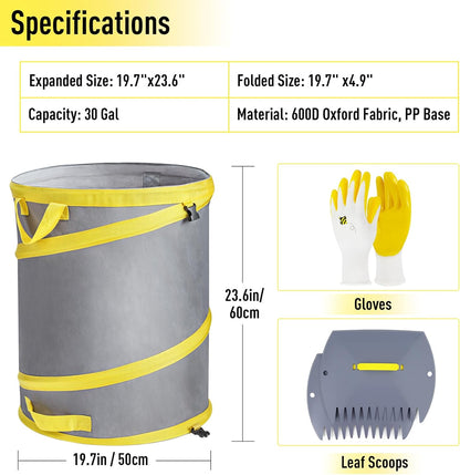 JARDINEER 30-Gallon Collapsible Trash Can for Camping Garbage, Pop Up Garden Bag Resuable, Lawn Set include Yard Waste Container, Leaf Scoops and Gloves