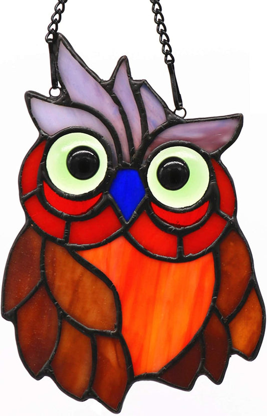 Owl Bird Stained Glass Window Hanging Suncatcher,Bird Decor Wall Art for Living Room Bedroom