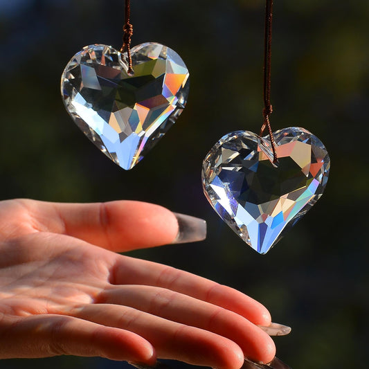 2PCS Heart Crystal Sun Catcher Prisms, STINO Hanging Suncatchers with Glass Prism Decor, Rainbow