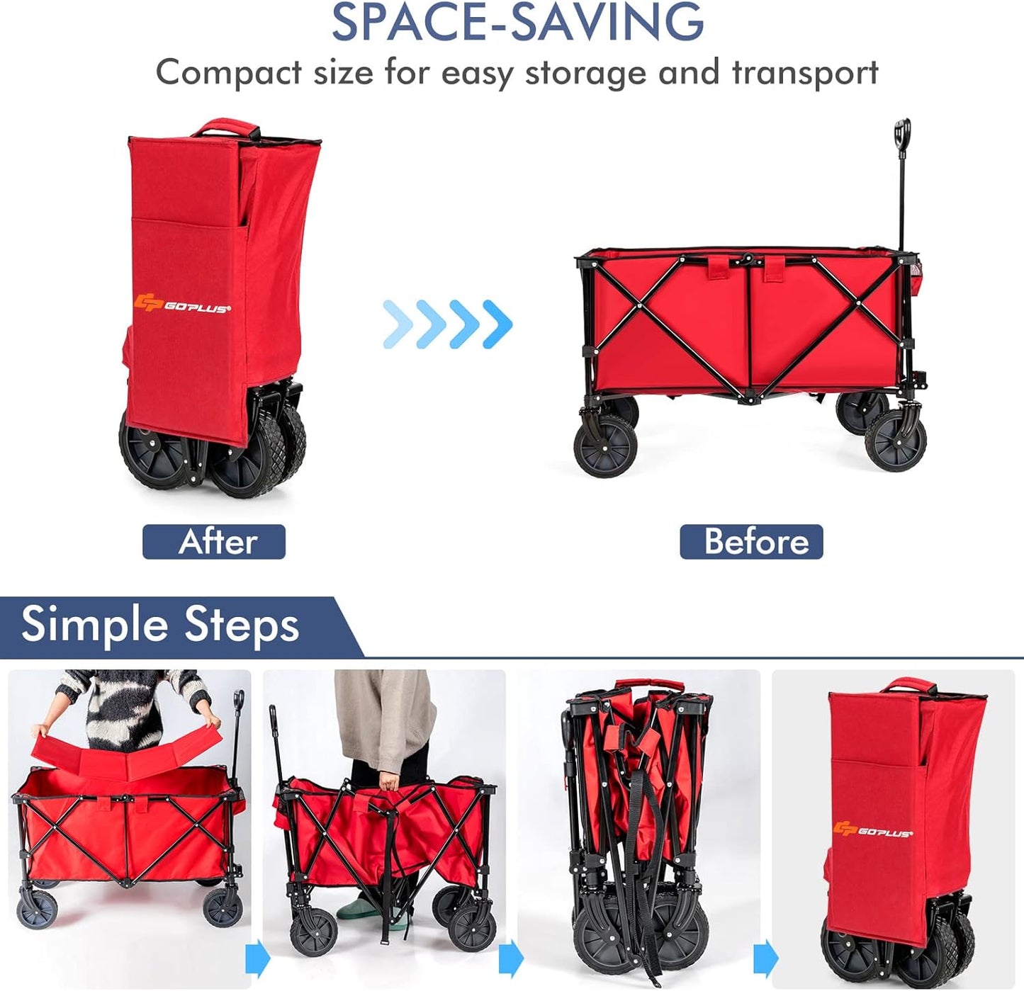 Goplus Collapsible Wagon, Folding Utility Wagon Cart w/Universal Wheels & Adjustable Handle & Cover Bag, Grocery Wagon for Garden Shopping Camping (Red)