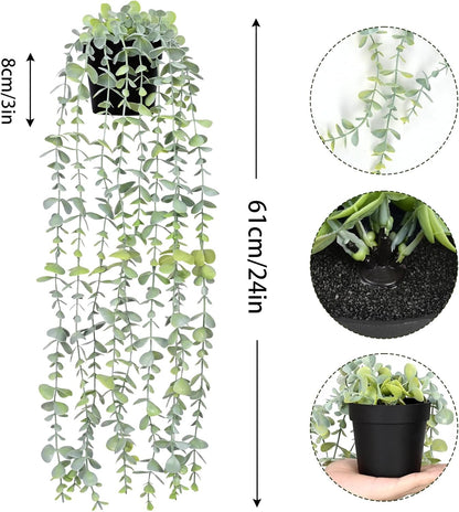 Waipfaru 2Pcs Fake Hanging Plants with Pot Light Green Eucalyptus Leaves UV Resistant Fake Vines Ivy Artificial Plants Outdoor Faux Plants Indoor Bedroom Living Room Boho Wall Porch Shelf Decor