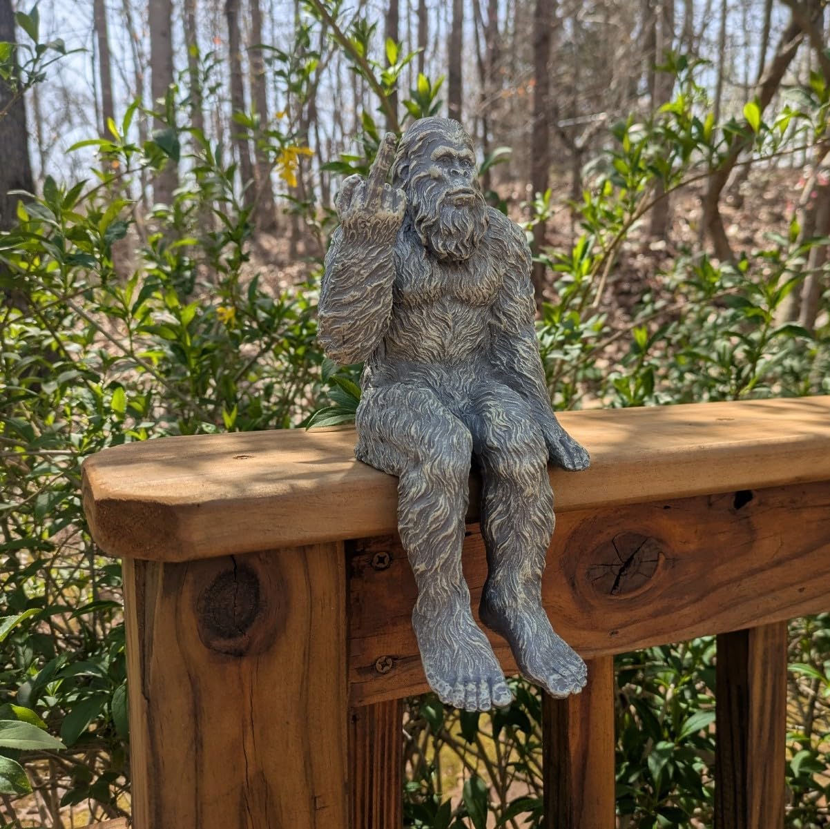John Bernard & Company Bigfoot The Rude ‘Flipping The Bird’ Sasquatch Yeti Statue/Figurine Indoor/Outdoor Sculpture for Patio, Deck, Home, Office 10 in H Shelf Sitter Figurine (Stone Gray)