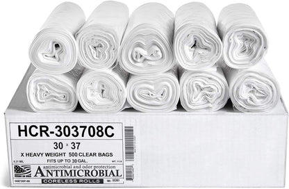 Aluf Plastics HCR-303708C High Density Star Sealed Coreless Roll Bags, 30 gal, Polyethylene, 30" x 37", Clear (1 Pallet of 100 Packs, 50000 Count Total)