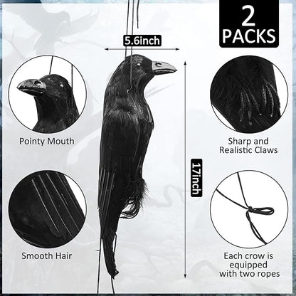 Lewtemi 2 Pcs 17 Inch Realistic Hanging Dead Crows Decoy Life Size Black Feathered Crow Fake Black Crows for Garden Decorations