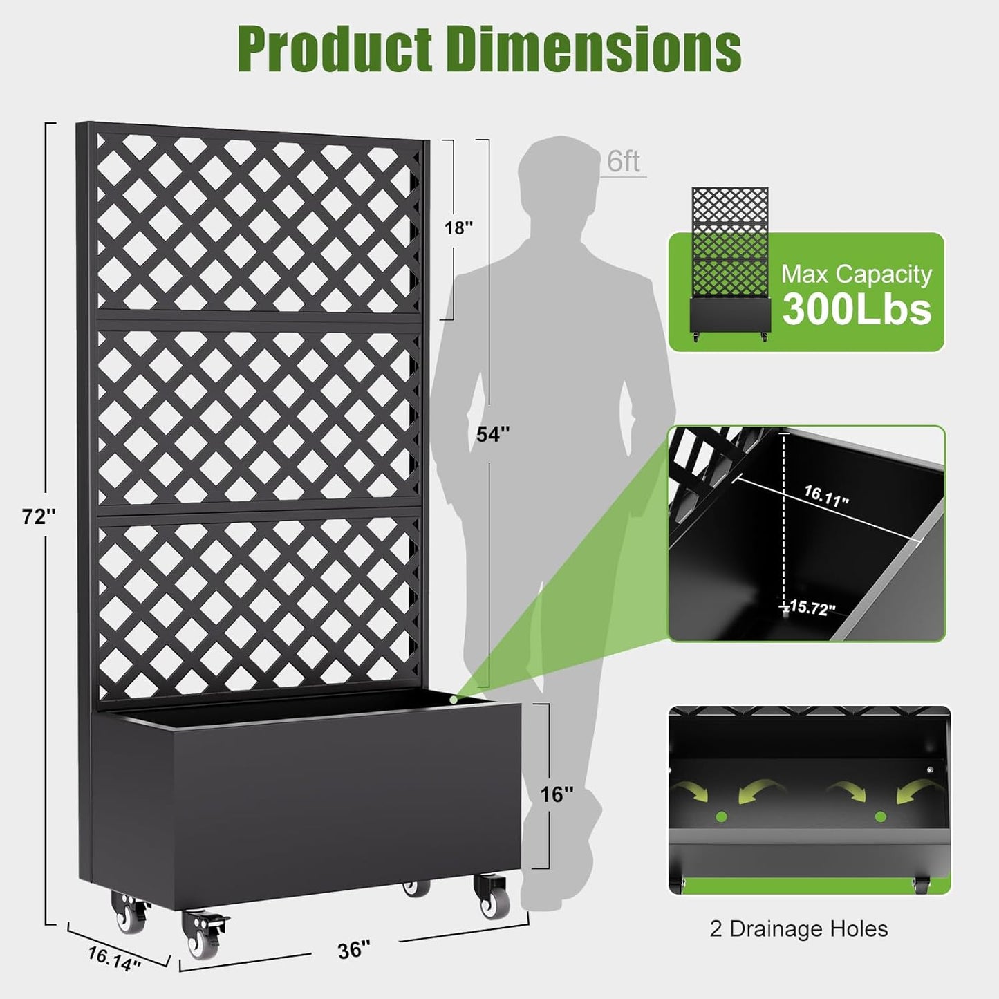 Metal Raised Garden Bed with Trellis and Wheels,72"x 36"x 16" Planter Box with Trellis Privacy Screen,Planter with Trellis and Drainage Holes for Climbing Plants,Vegetables & Vines,Outdoor Plants