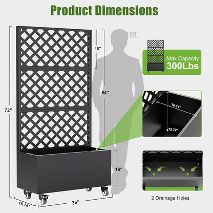 Metal Raised Garden Bed with Trellis and Wheels,72"x 36"x 16" Planter Box with Trellis Privacy Screen,Planter with Trellis and Drainage Holes for Climbing Plants,Vegetables & Vines,Outdoor Plants