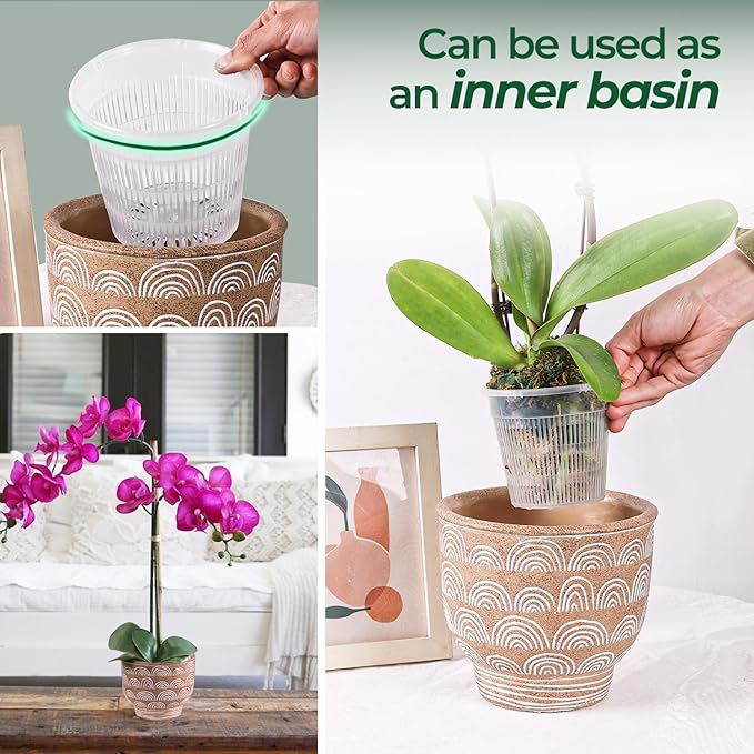 T4U Orchid Pot, 6 Pack 4.3 Inch Orchid Pots with Holes and Saucers, Clear Orchid Pots for Repotting, Plastic Flower Plant Pot for Indoor Outdoor Plants, Slotted Orchids Planter for Root Health