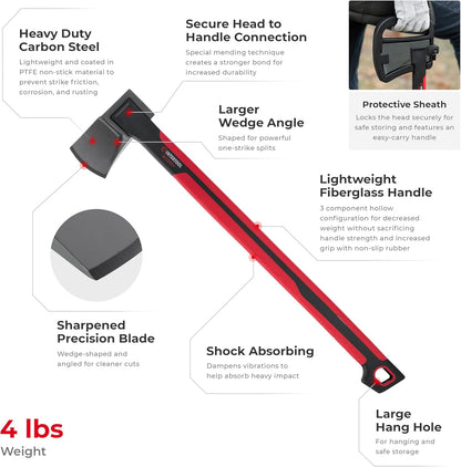 INTERTOOL Splitting Axe for Firewood 28” Maul Wood Splitter Ax Tool for Deeper Cuts, Chopping, Kindling, Camp, Survival - Shock Absorbing MAX Grip Handle, Sheath - HT08-0297
