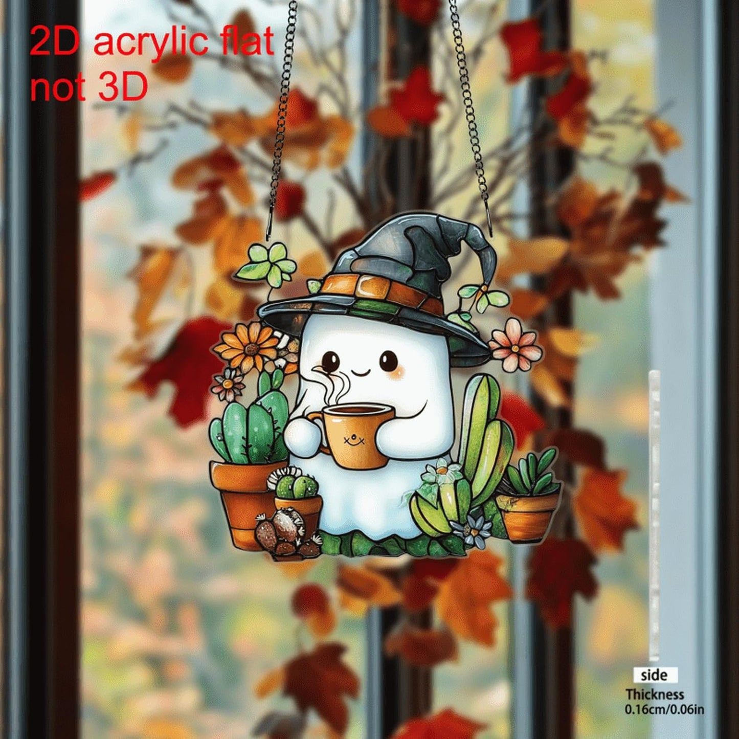 Halloween Cute Ghost Suncatcher,Fun Decoration Plant Light Sun Catcher，Acrylic Window Hanging Indoor Outdoor for Family Art Wall Decor，Women Friends Neighbor Halloween Party Gift 7.8inch