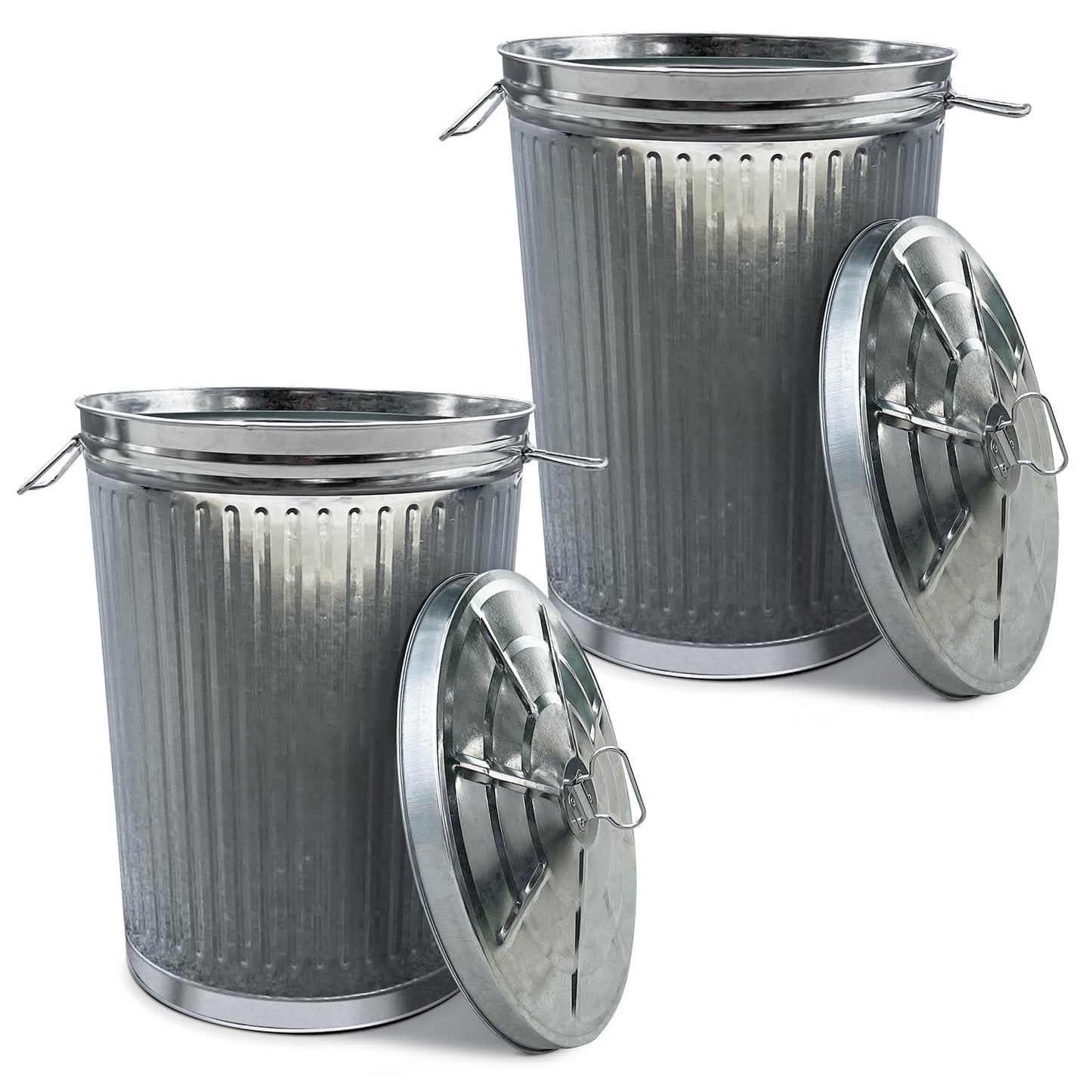 Plexon Metal Trash Can with Lid Outdoor 20 Gallon Galvanized Steel Garbage Bucket with Lid Silver, 2 Pack
