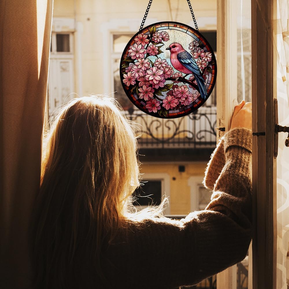Cherry Blossoms Stained Glass Window Hanging, Bird Suncatcher Panel for Indoor Outdoor, Cherry Blossoms Glass Ornament for Wall, Balcony Porch Decoration, Thoughtful Gifts for Boys Girls, Loves Ones
