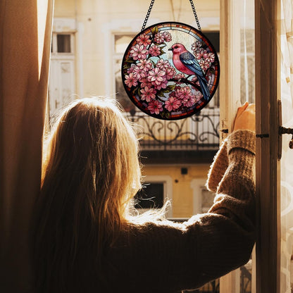 Cherry Blossoms Stained Glass Window Hanging, Bird Suncatcher Panel for Indoor Outdoor, Cherry Blossoms Glass Ornament for Wall, Balcony Porch Decoration, Thoughtful Gifts for Boys Girls, Loves Ones