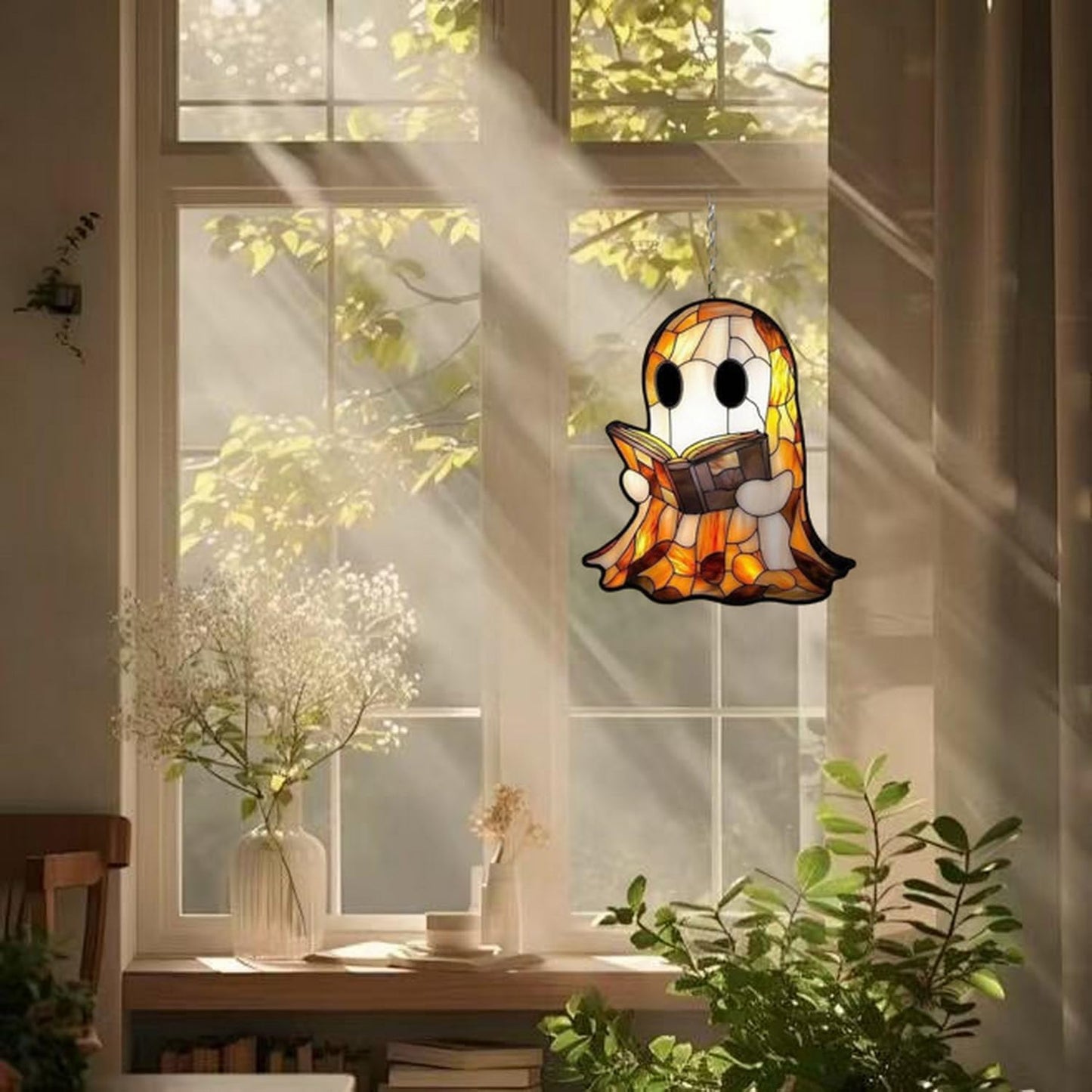 7.8inch Cute Ghost Suncatcher,Acrylic Suncatchers Reading Books Ghost Decor，Indoor Sun Catcher Windw Hanging，Halloween Stained Glass Decor for Room Family Wall Party