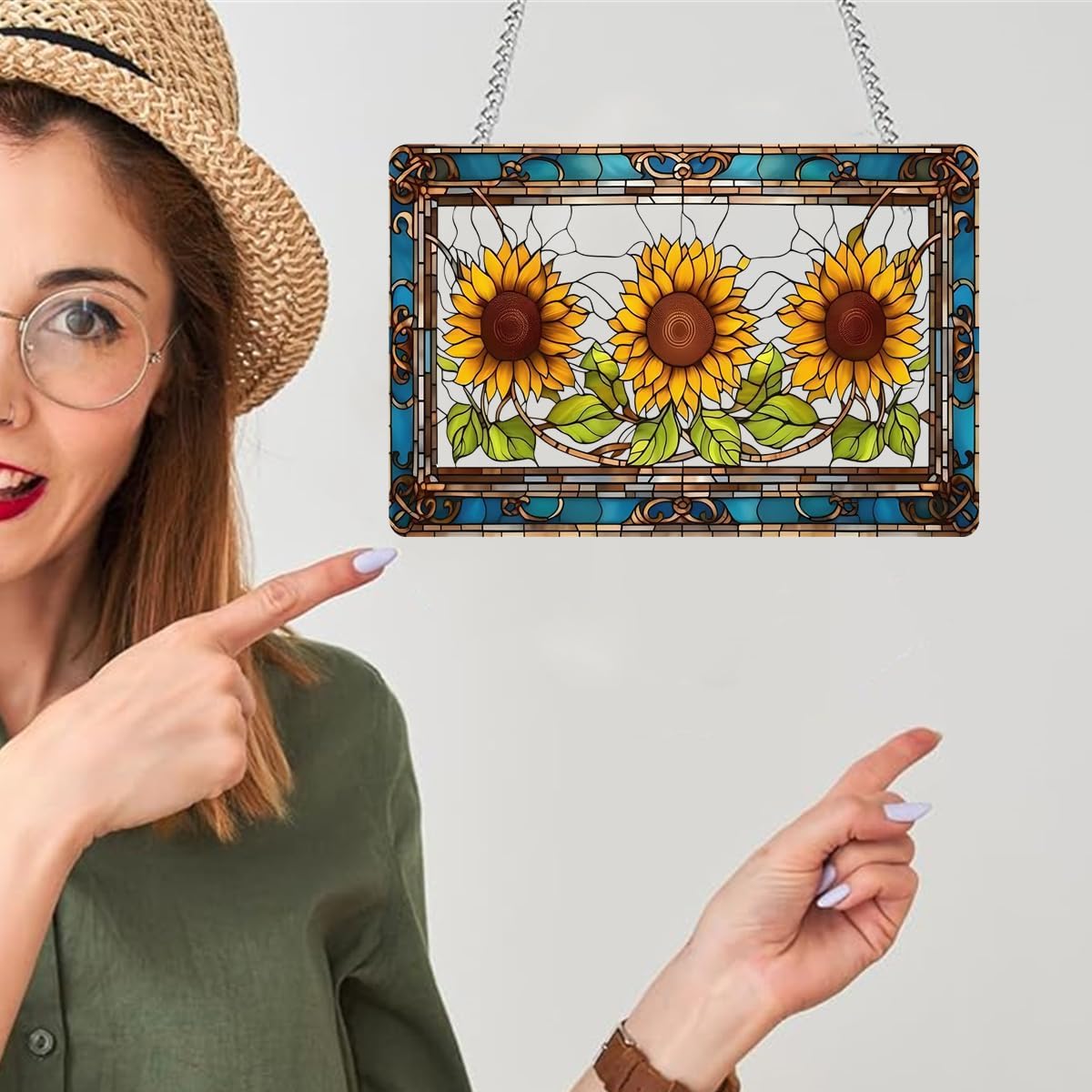 Large Acrylic Sunflower with Green Leaves Window Hanging Decor - Stained Glass Style with Colorful Yellow Flower, Suncatchers for Bedroom, Garden & Home Decoration - Ideal Gift for Mom, Grandma