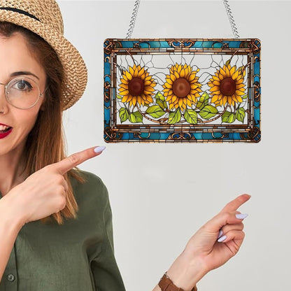 Large Acrylic Sunflower with Green Leaves Window Hanging Decor - Stained Glass Style with Colorful Yellow Flower, Suncatchers for Bedroom, Garden & Home Decoration - Ideal Gift for Mom, Grandma